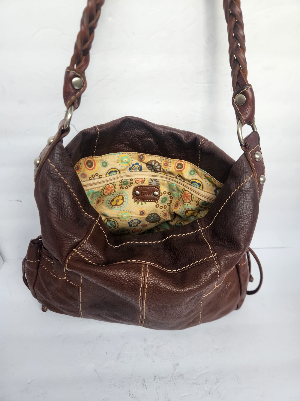 Vintage Fossil Brown Braided-Handle Leather Hobo - Picture 5 of 6